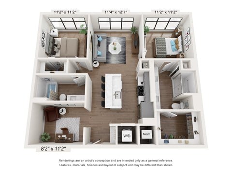 Floor plan for 2 beds, 2 baths, 1100 sqft